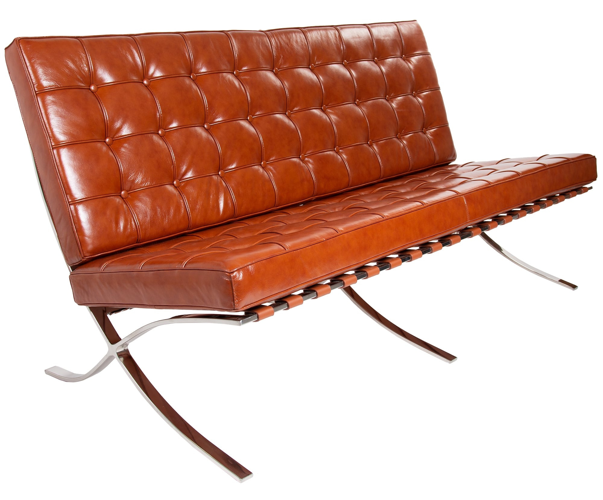 Ludwig Mies vd Rohe style, 2-sits soffa Barcelona Pavillion 2 sits soffa Cognac