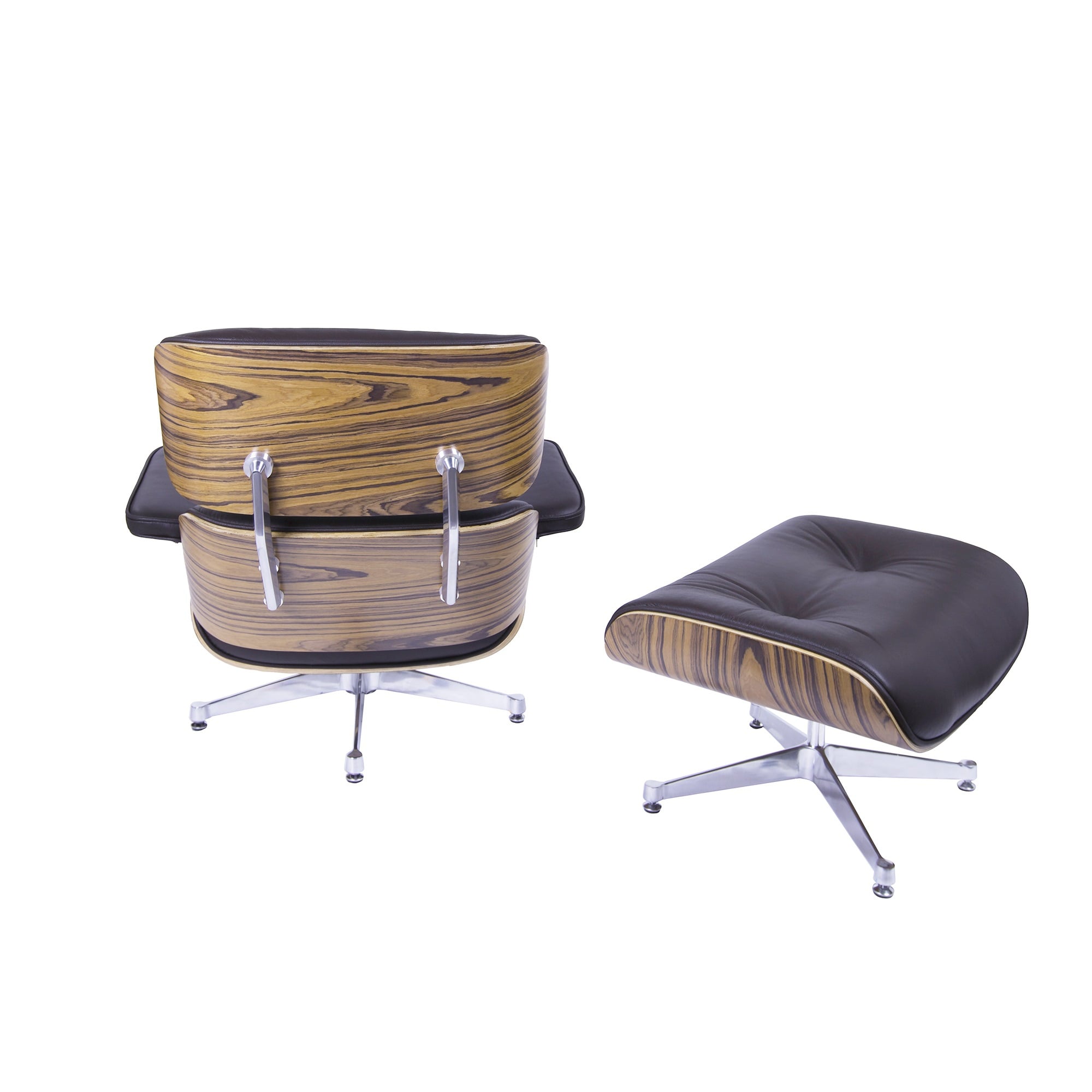 Charles Eames style, Fåtölj med Hocker EA670 XL brun Palysander Polerad bas