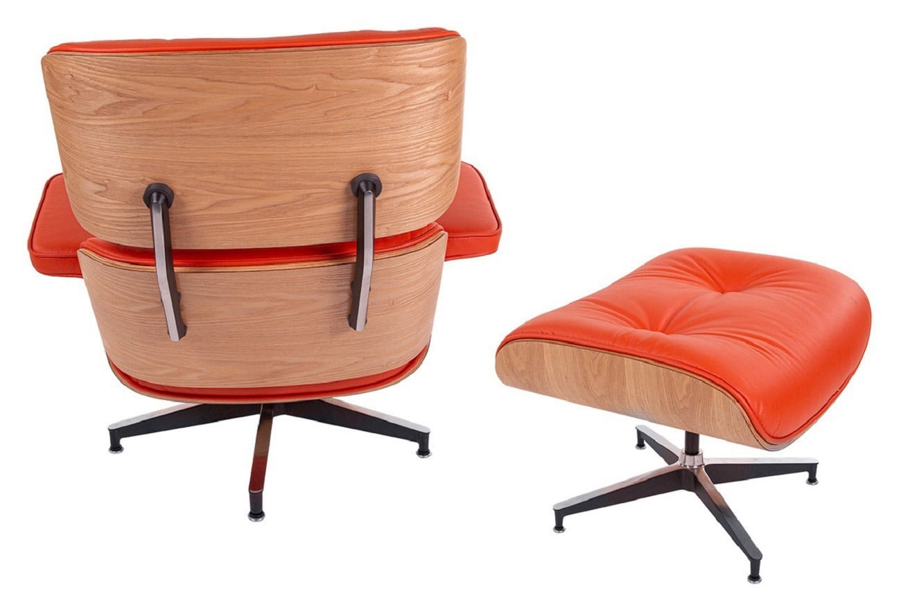 Charles Eames style, Fåtölj med Hocker EA670 SPECIAL EDITION röd aska trä Svart bas