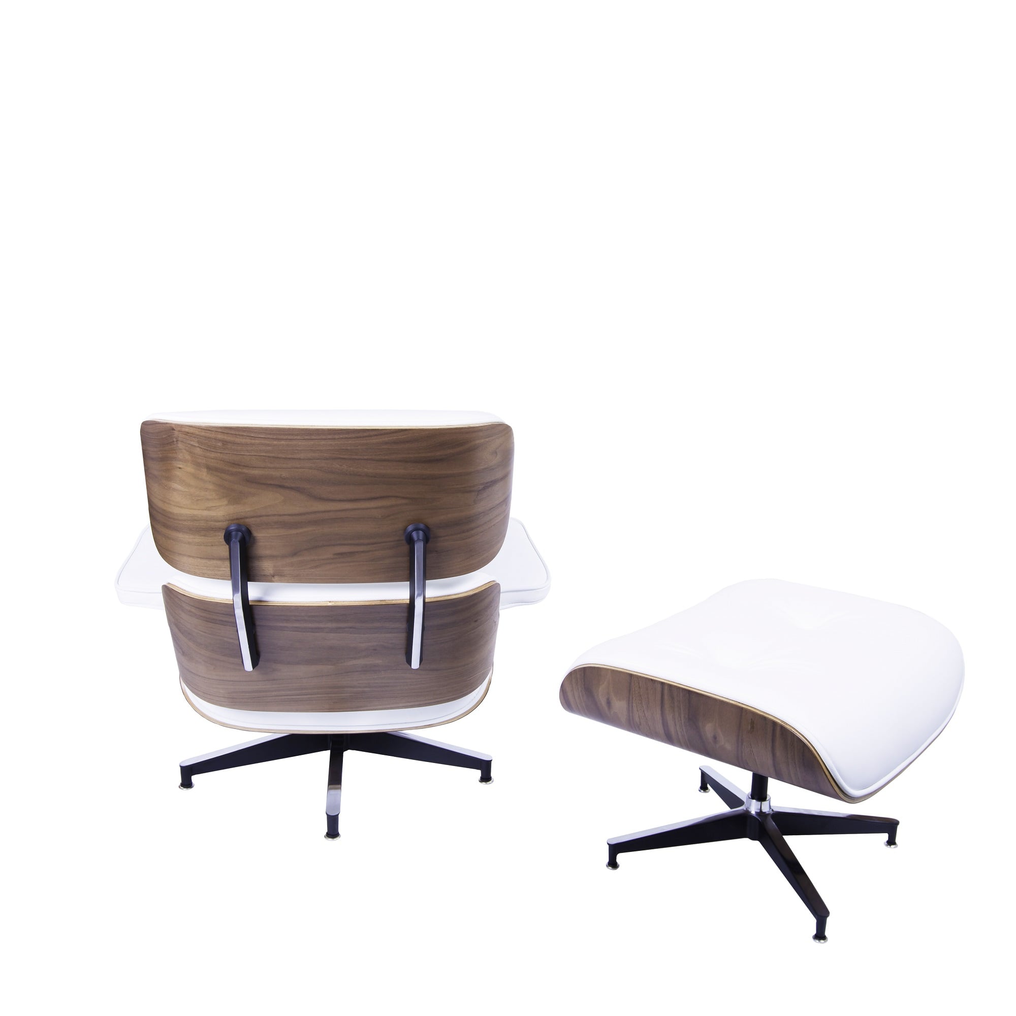 Charles Eames style, Fåtölj med Hocker EA670 vit Valnøtt Svart bas